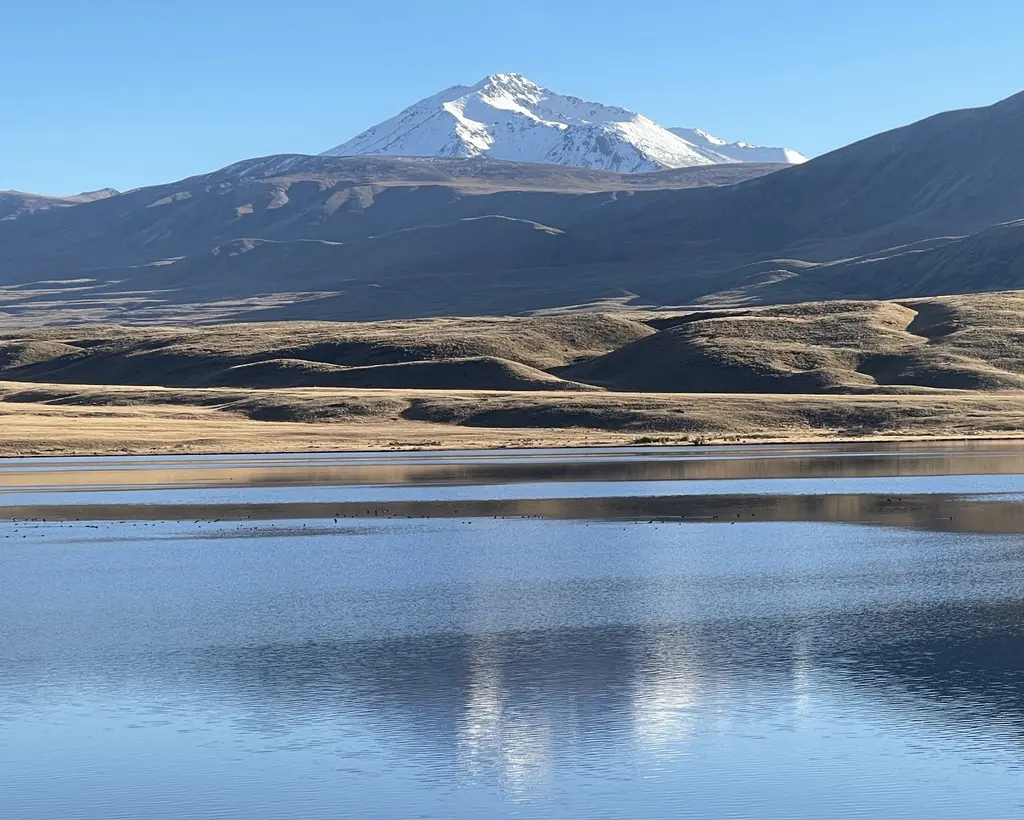 A snow-capped peak mirrored in a still alpine lake, tussock along the shore